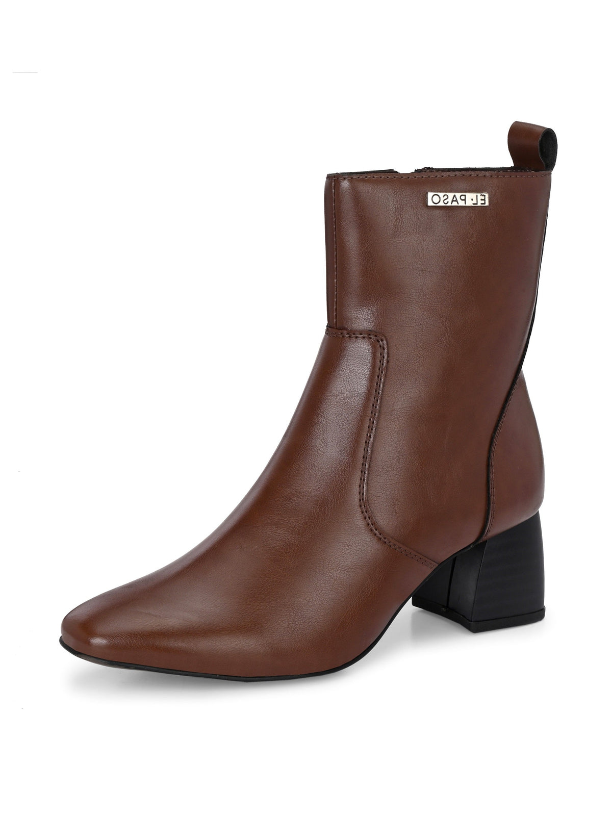 Stylish tan ankle boot with a sturdy block heel and branded El Paso logo