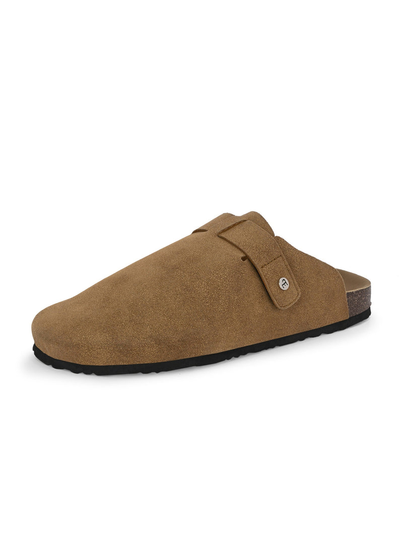 Brown suede slip-on clog with a black rubber sole and adjustable strap.