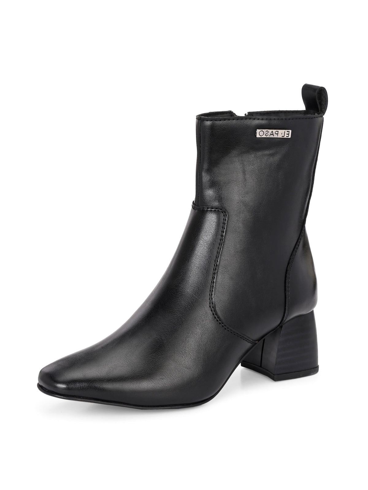 Stylish black ankle boot with a sturdy block heel and branded El Paso logo