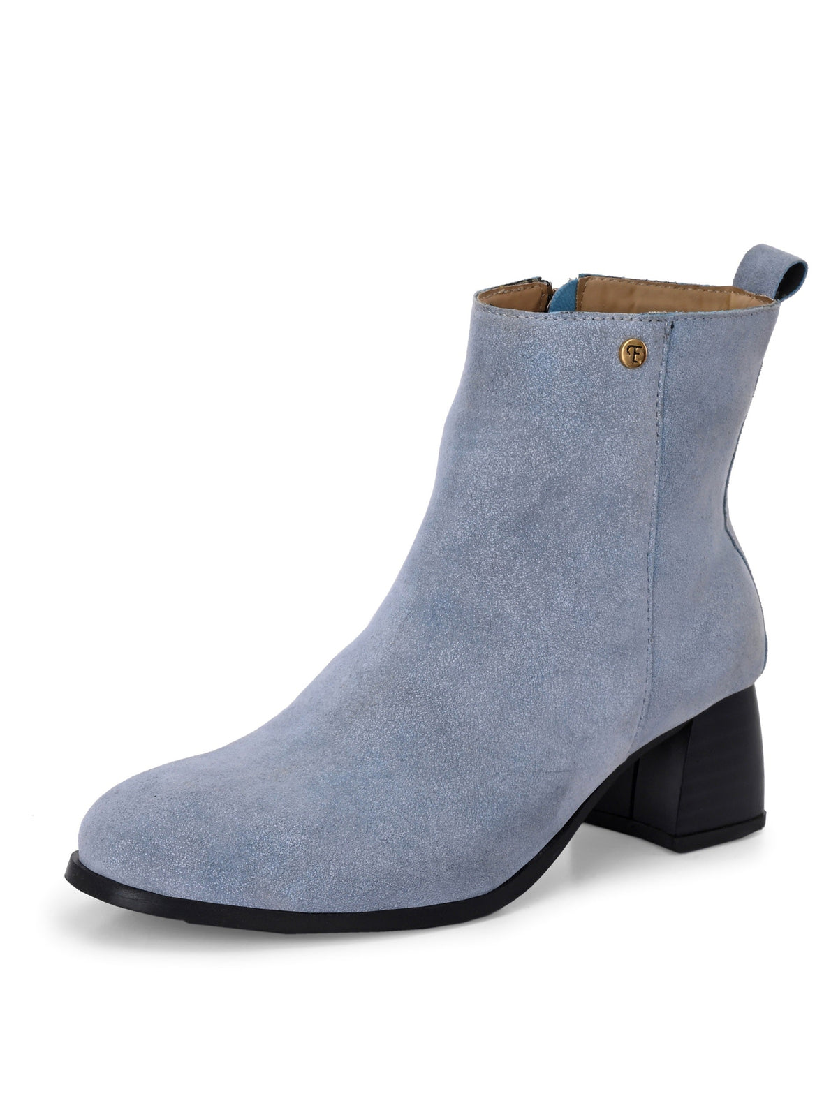 Light blue heigh top boot with a block heel and a sleek, minimalist design.