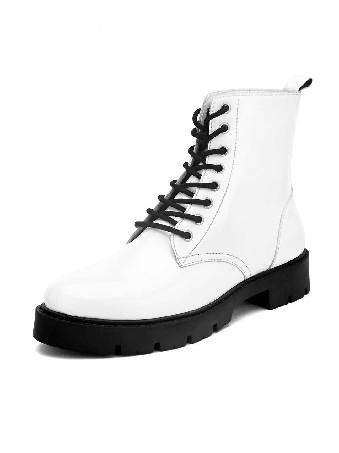 Shiny White Lace-Up Block Heel Boots