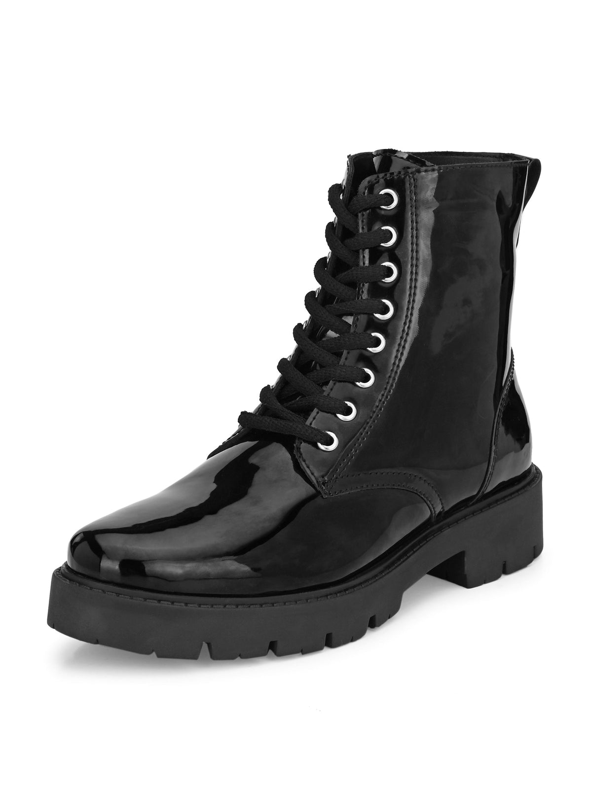 Shiny Black Lace-Up Block Heel Boots