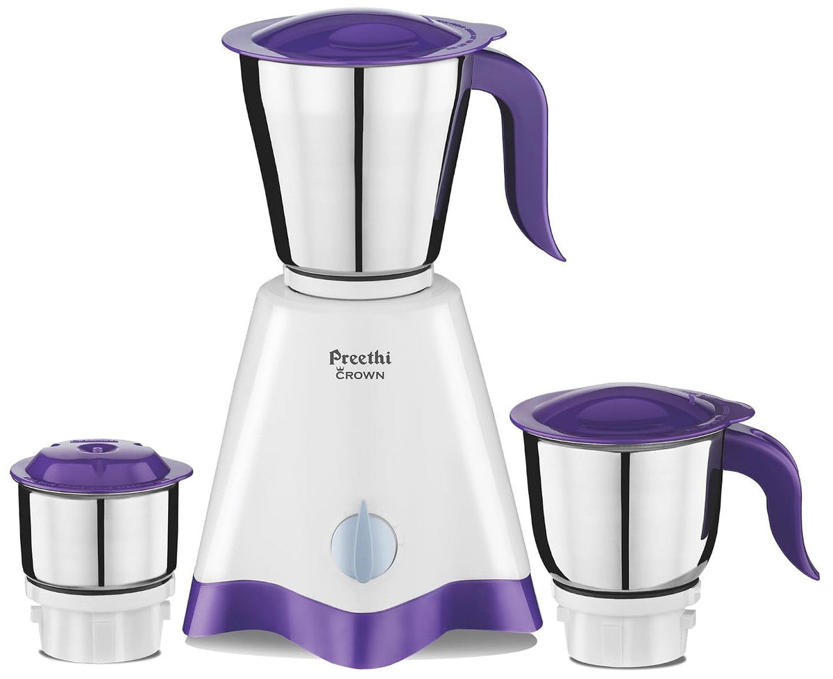 Preethi Crown MG-205 Mixer grinder, 500 watt, White/Purple, 3 Jars with 5 yr Motor Warranty & Lifelong Free Service