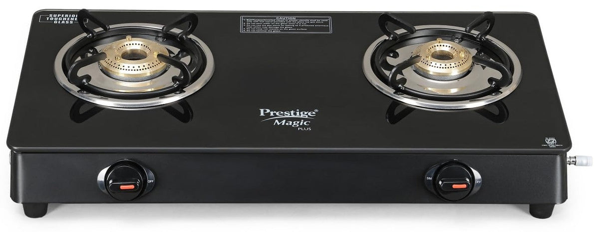 Prestige Magic plus Toughened Glass-Top 2 Brass Burner LPG Gas Stove(GTMP-02) | Black Spill Proof Design | Ergonomic Kno