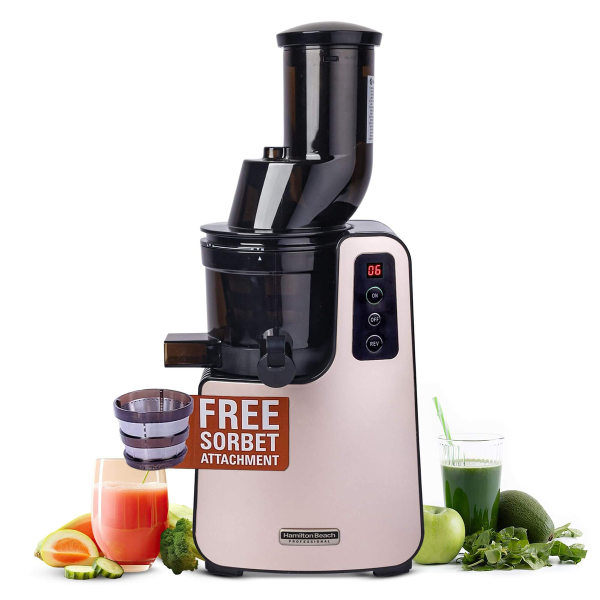 Hamilton Beach Professional Cold Press Slow Juicer with Free Sorbet Attachment, Smart PurePress Technology, Champagne Go