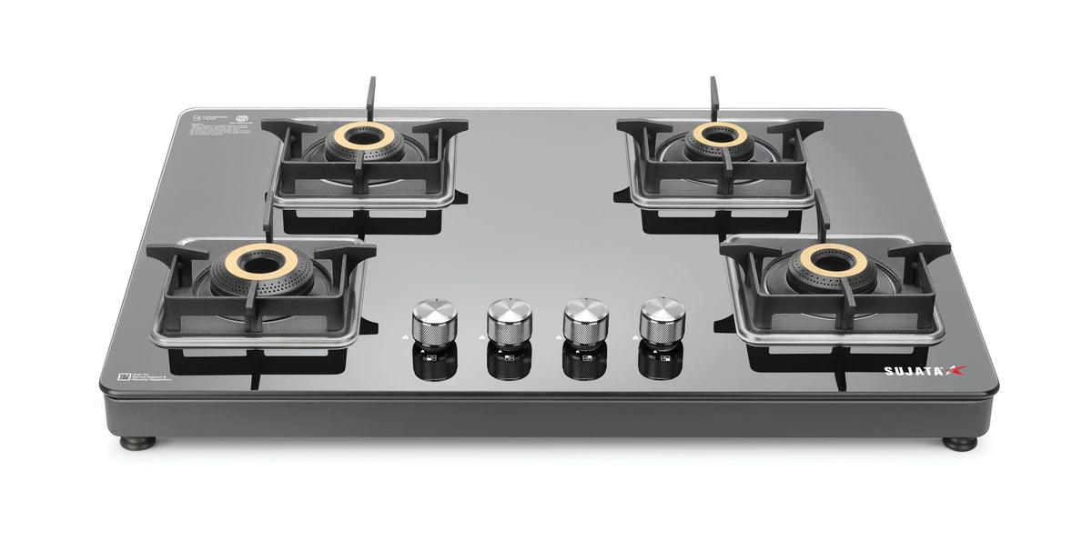 Sujata Premium 4 Burner Gas Stove with 9 Years Warranty | Glass Top SABAF ISI Certified
