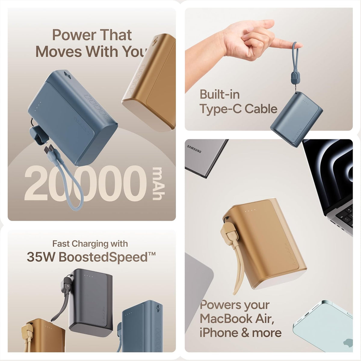 Ambrane 20000mAh 35W Fast Charging Small Pocket Size Powerbank, Hanging InBuilt Type C Cable, Type C PD & USB Output for iPhone, Android Mobiles & Other Devices (PowerMini 20, Golden)