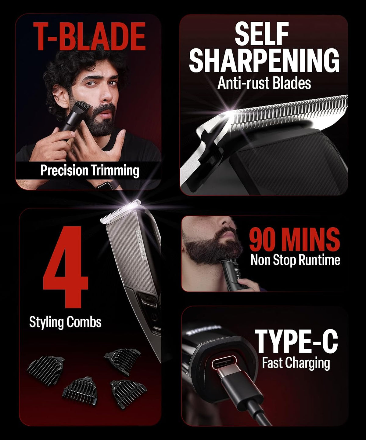 Bombay Shaving Company Pro Beard Trimmer For Men | Beard Trimmer for Man | Hair Trimmer for Man | 4 Combs, Self-Sharpening Blades, Type C | Trimmer Men Beard | Trimmers for Man