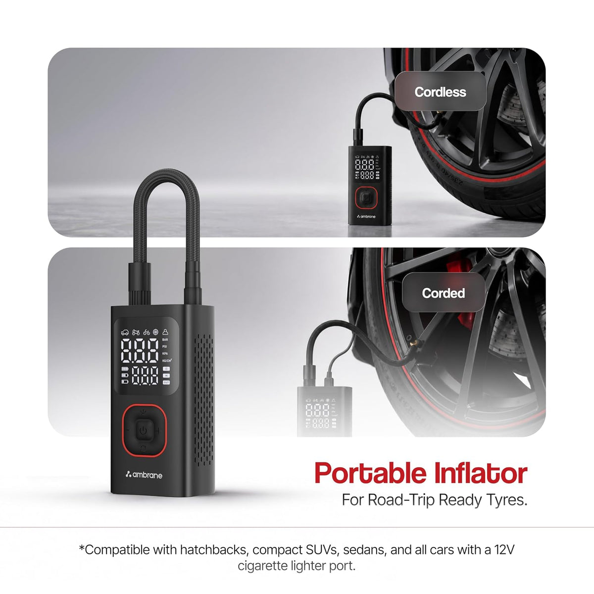 Ambrane Portable & Rechargeable Tyre Inflator with 2-in-1 Cordless & Corded, Powerful 80W Motor, 150 PSI Pressure, 5200mAh Battery, Auto Shut-Off, Fast Charging for Car, Bike, Balls (Turbo+, Black)