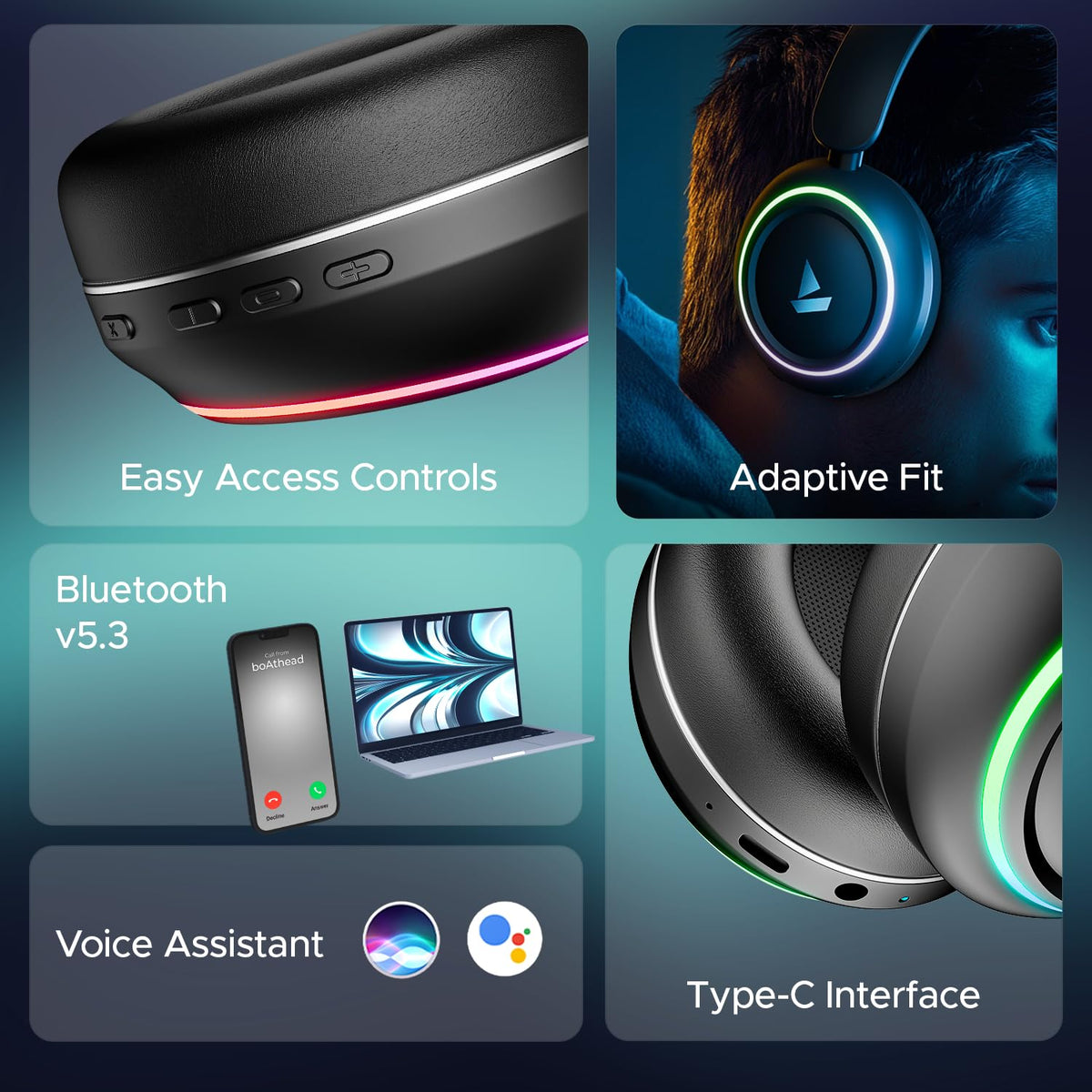 boAt Rockerz 480, RGB LEDs,6 Light Modes, 40mm Drivers,Beast Mode, 60H Battery, ENx Tech, App Support, Bluetooth Headphones, Wireless Over Ear Headphone with Mic (Black Sabre)