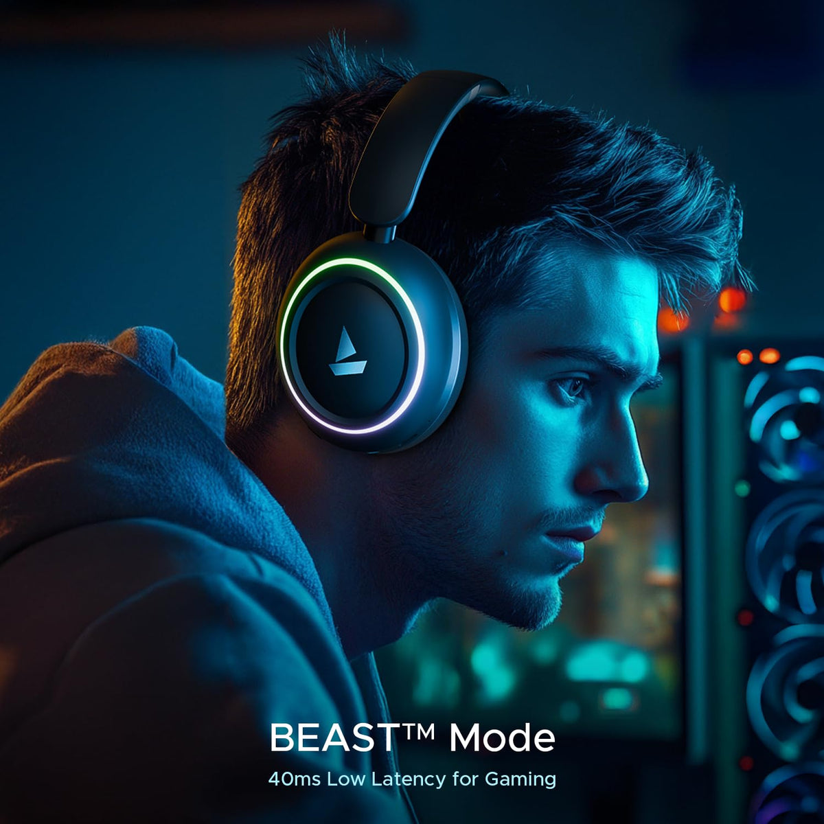 boAt Rockerz 480, RGB LEDs,6 Light Modes, 40mm Drivers,Beast Mode, 60H Battery, ENx Tech, App Support, Bluetooth Headphones, Wireless Over Ear Headphone with Mic (Black Sabre)