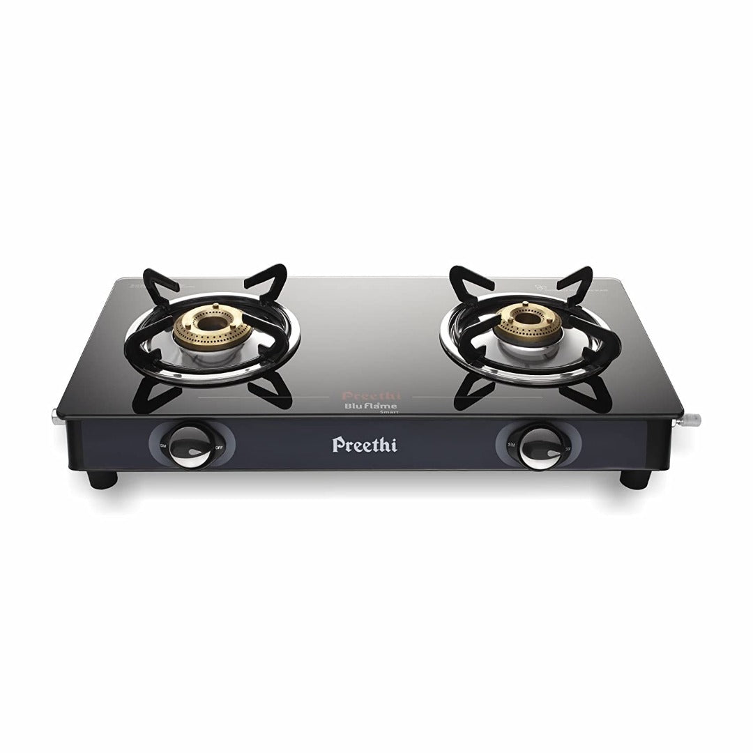 Preethi Blu Flame Smart Glass top 2 Burner Gas Stove (Black, Manual)