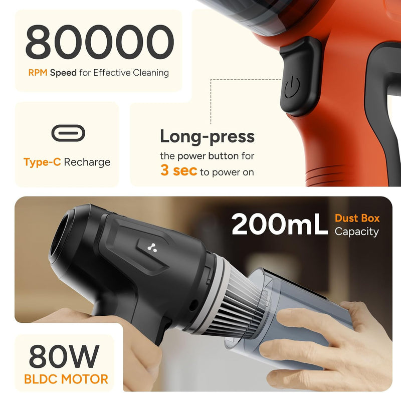 Ambrane 12kPA Powerful Suction 80W Wireless Hand Vacuum & 95000 RPM Air Blower 2in1 Wireless Vacuum Cleaner, BLDC Motor HEPA Filter,Compact & Lightweight for Car, Home use & Pet Hair, MiniVac02, Black