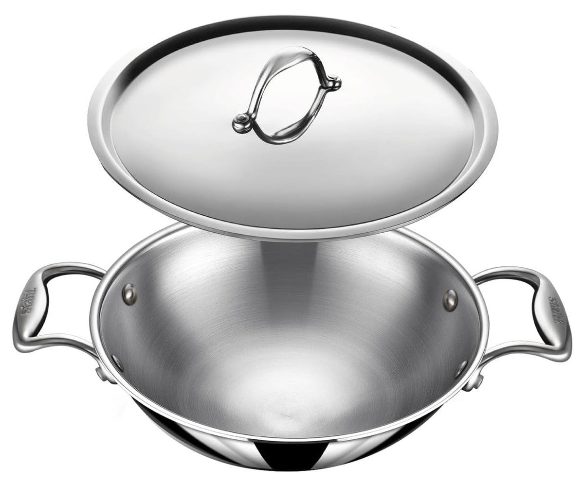 Stahl Artisan Deep Kadhai | Triply Stainless Steel Kadai with Lid I Stainless Steel Cookware Tri Ply Deep Kadhai I Deep 