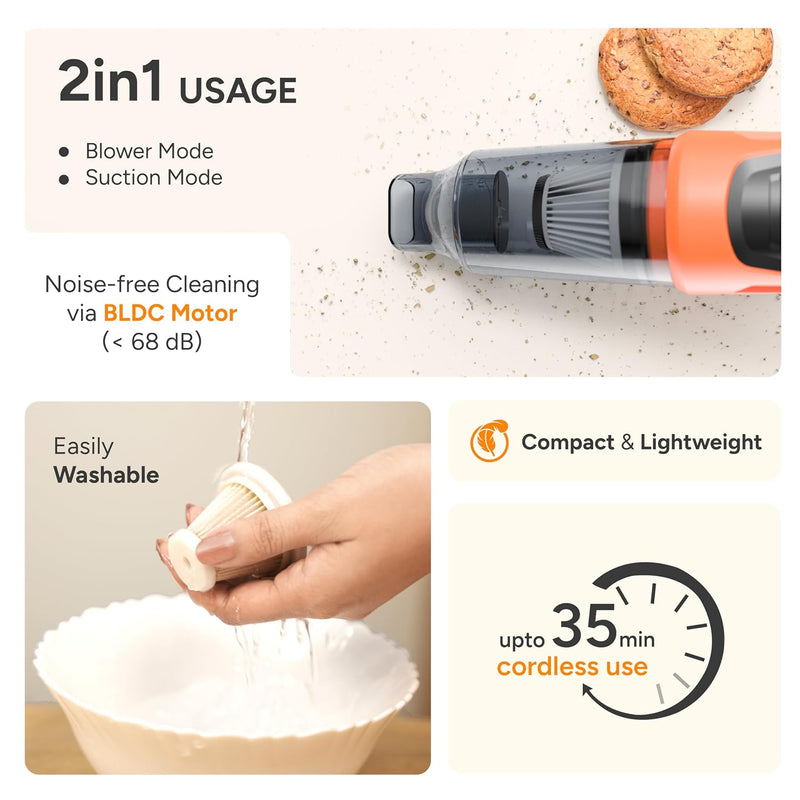 Ambrane 12kPA Powerful Suction 80W Wireless Hand Vacuum & 95000 RPM Air Blower 2in1 Wireless Vacuum Cleaner, BLDC Motor HEPA Filter,Compact & Lightweight for Car, Home use & Pet Hair, MiniVac02, Black