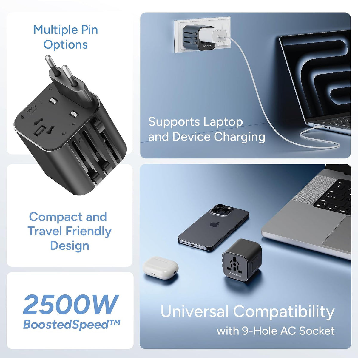 Ambrane Universal Travel Socket, International All in One Worldwide Travel Adapter Socket with 2500W High Power Output with 9 Hole Universal Socket, Compatible in 150+ Countries (ATA-03, Black) International Socket for all devices