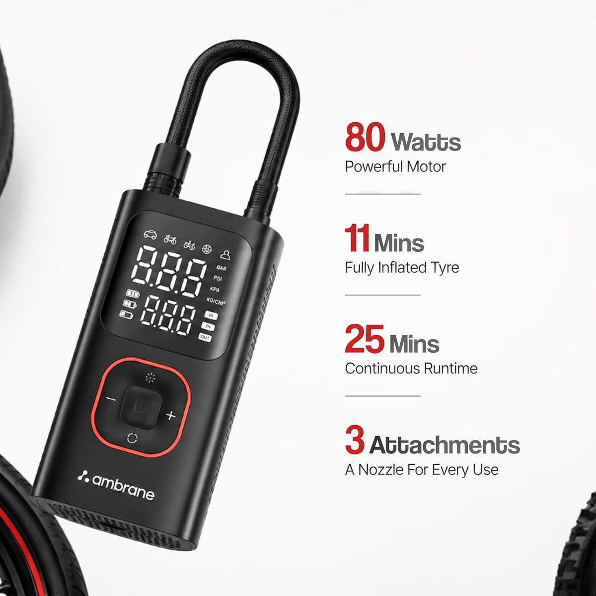 Ambrane Portable & Rechargeable Tyre Inflator with 2-in-1 Cordless & Corded, Powerful 80W Motor, 150 PSI Pressure, 5200mAh Battery, Auto Shut-Off, Fast Charging for Car, Bike, Balls (Turbo+, Black)