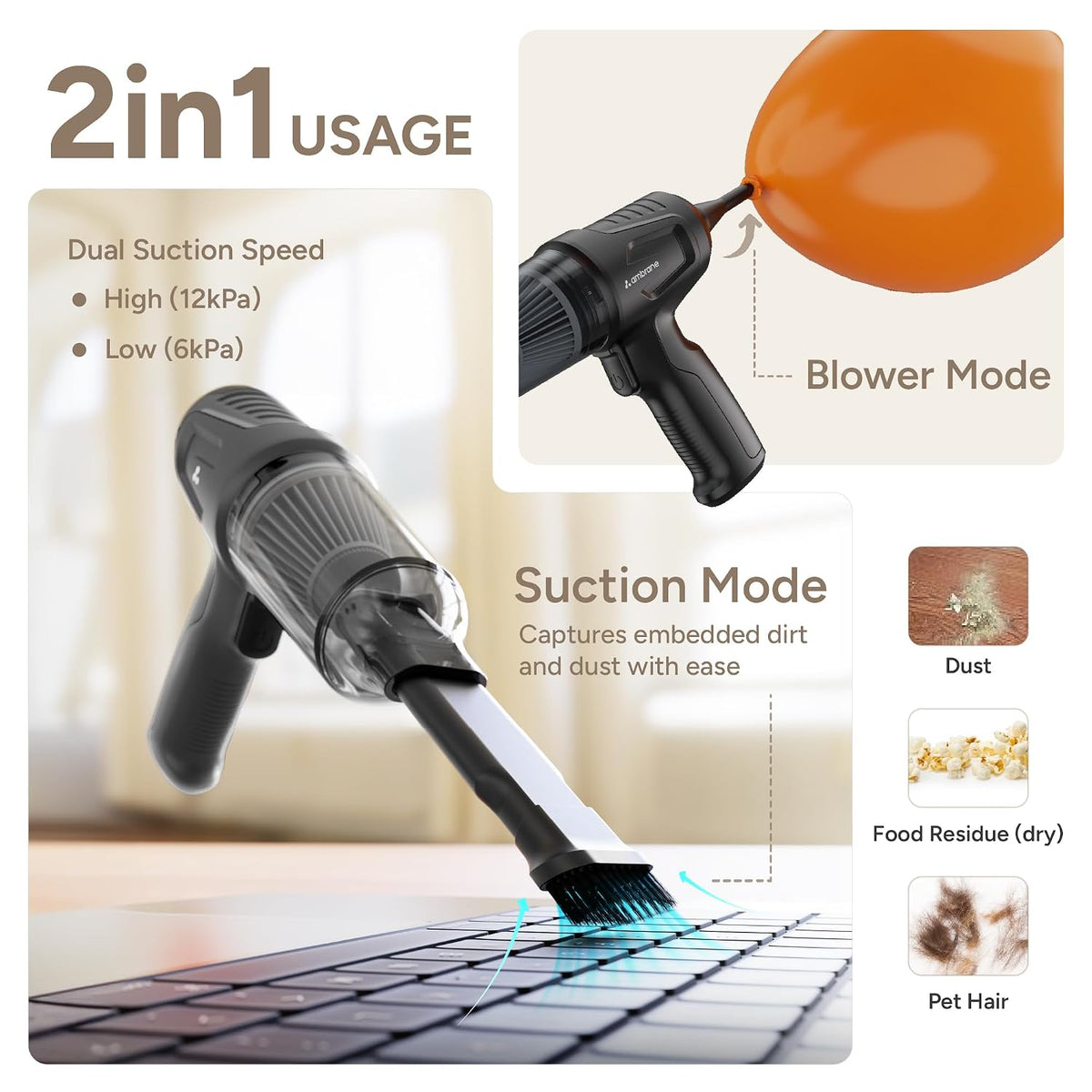 Ambrane 12kPA Powerful Suction 80W Wireless Hand Vacuum & 95000 RPM Air Blower 2in1 Wireless Vacuum Cleaner, BLDC Motor HEPA Filter,Compact & Lightweight for Car, Home use & Pet Hair, MiniVac02, Black