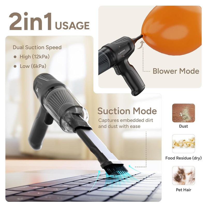 Ambrane 12kPA Powerful Suction 80W Wireless Hand Vacuum & 95000 RPM Air Blower 2in1 Wireless Vacuum Cleaner, BLDC Motor HEPA Filter,Compact & Lightweight for Car, Home use & Pet Hair, MiniVac02, Black