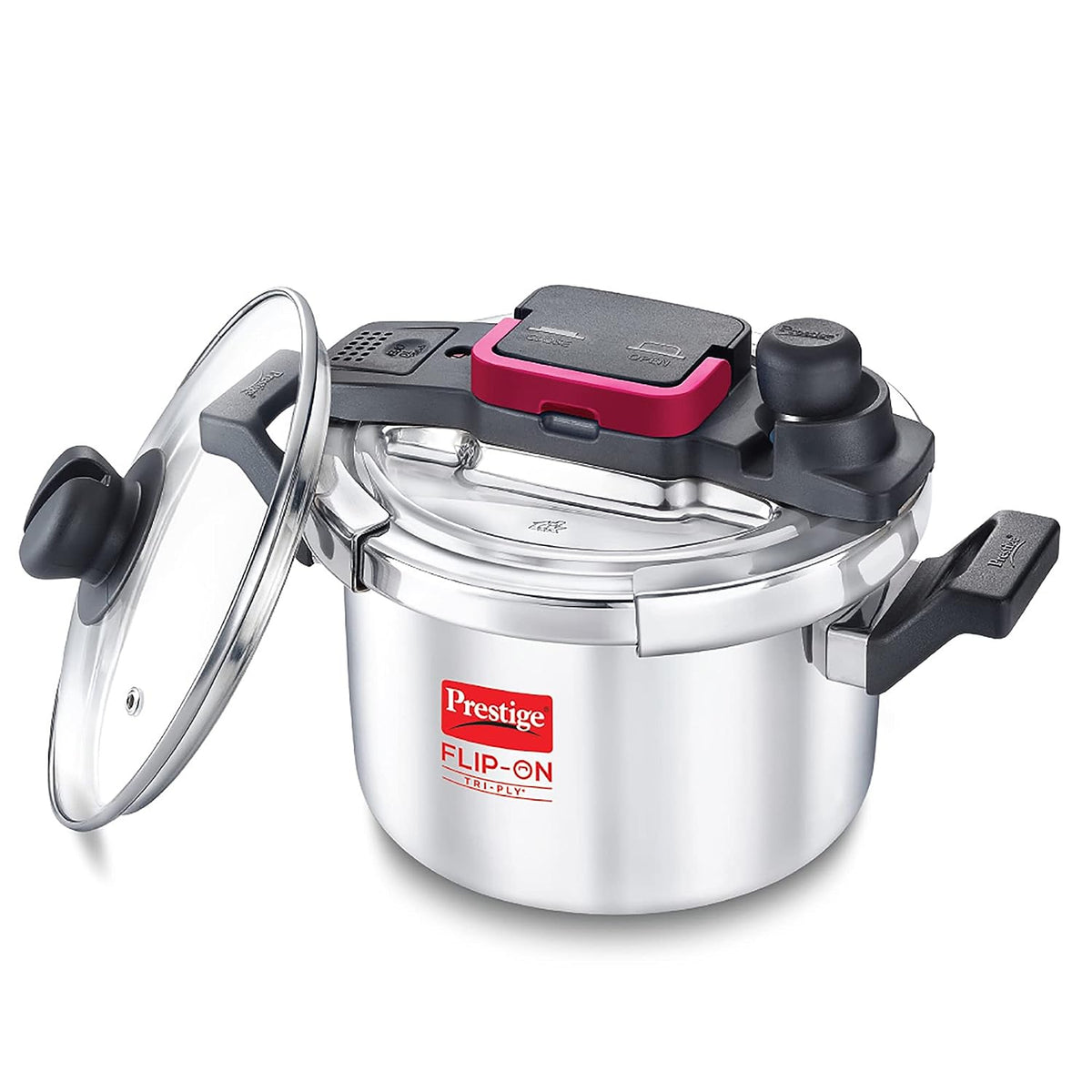 Prestige FLIP-ON TRIPLY Stainless Steel Pressure Cooker with Glass Lid (Silver and Black, Innovative Lock Lid with Spill