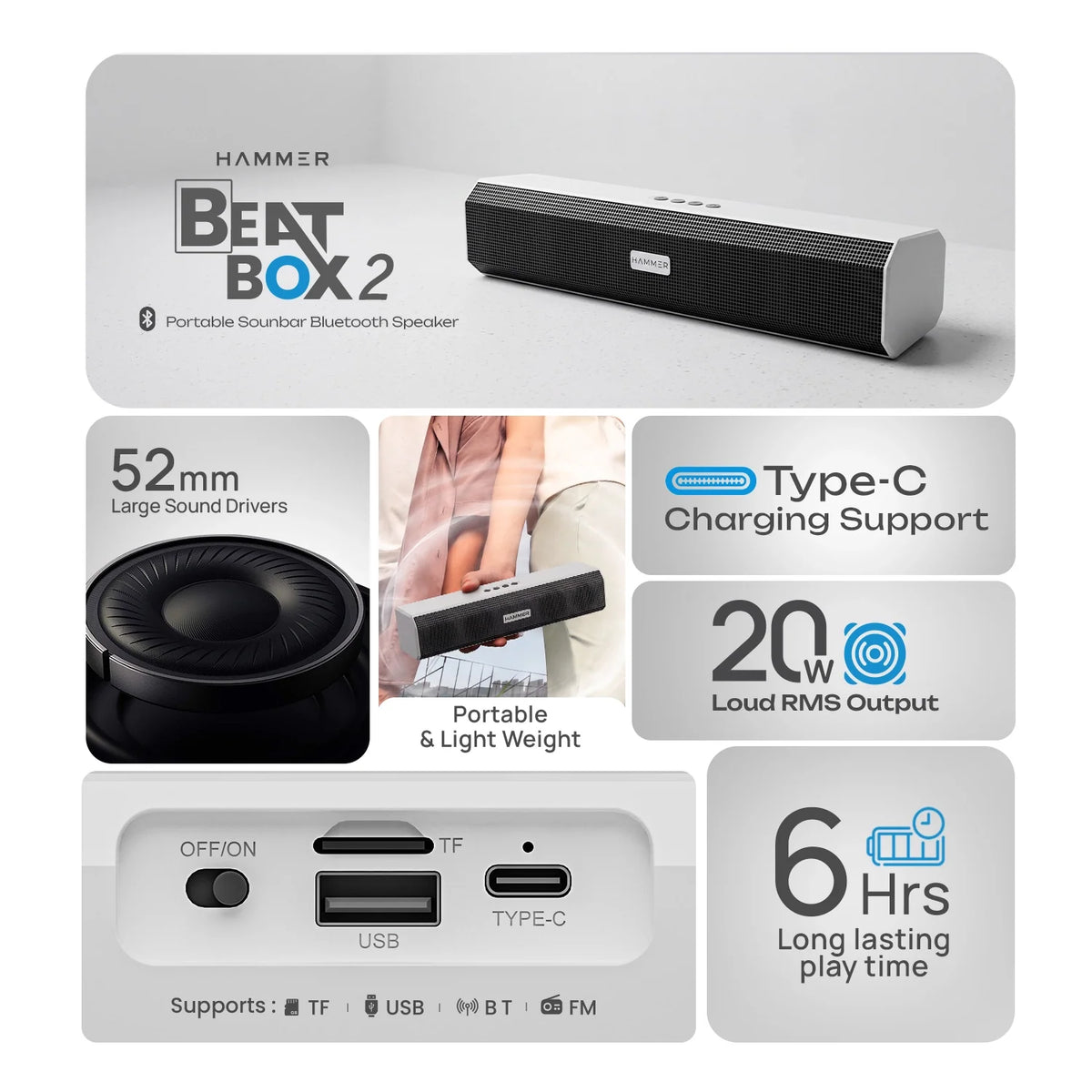 HAMMER BeatBox 2 Portable Bluetooth Soundbar Speaker with 20W RMS, 6 Hours Playtime - White-8