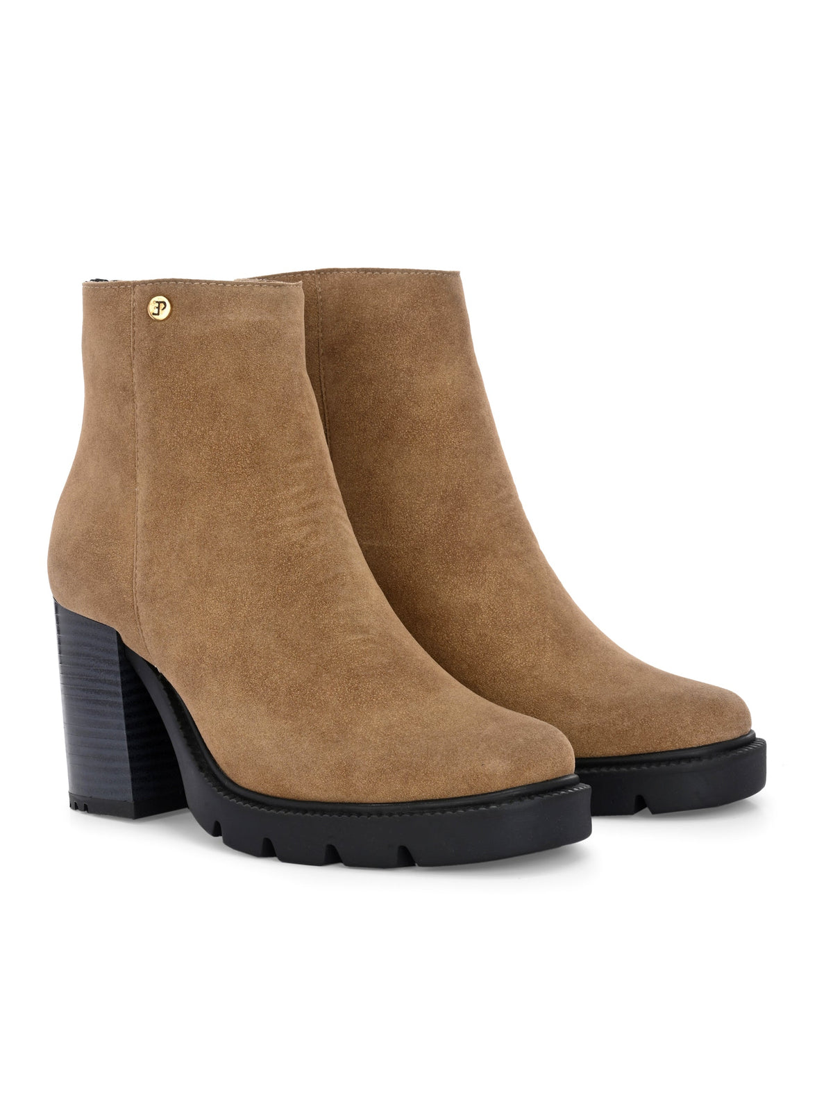 Glossy camel patent leather zip-closure ankle boot with a chunky block heel, lug sole, and a gold logo detail near the collar.