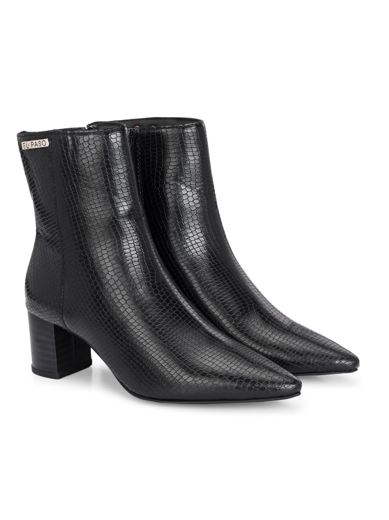 Black textured ankle boots with a sleek snakeskin pattern and a block heel design