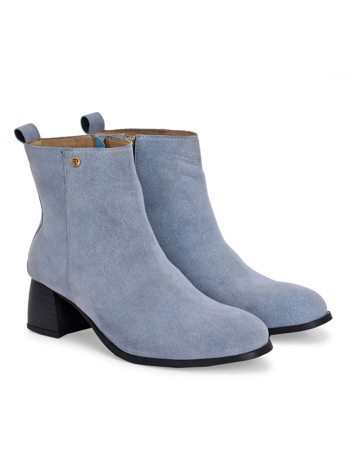 Light blue Suede ankle boots for women with a block heel and a sleek, minimalist design.