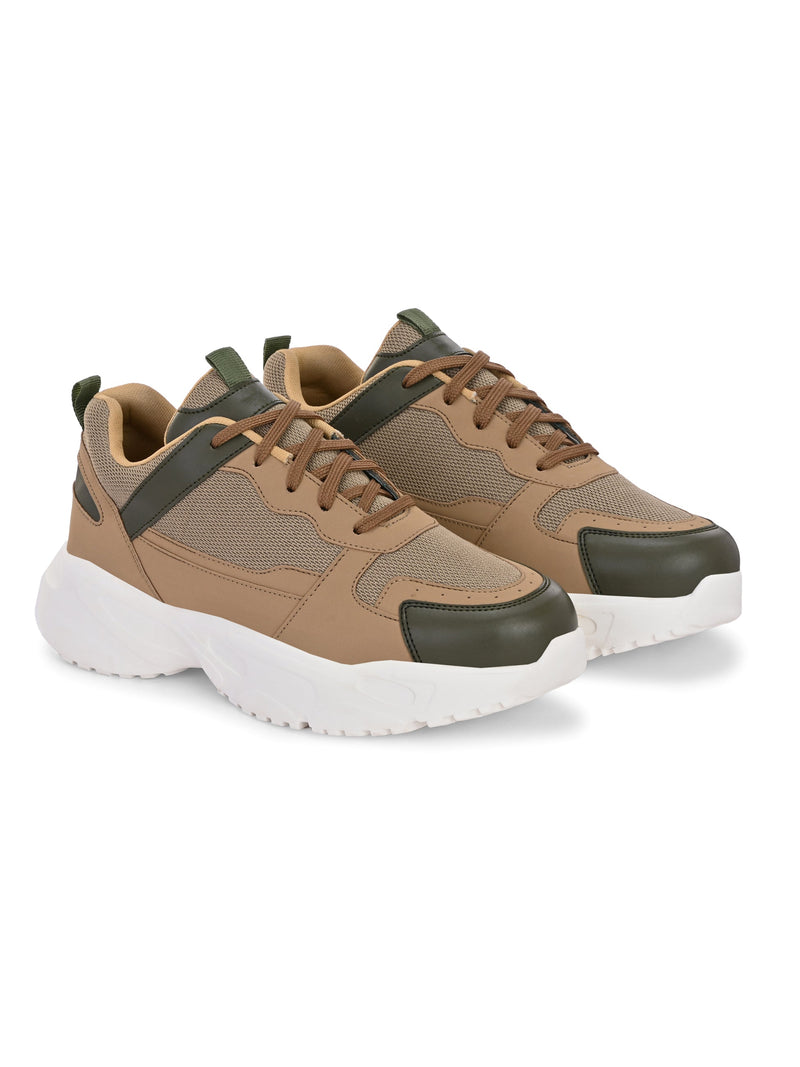 Men Beige Faux Leather Casual lace-up Sneakers