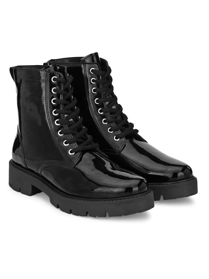 Shiny Black Lace-Up Block Heel Boots