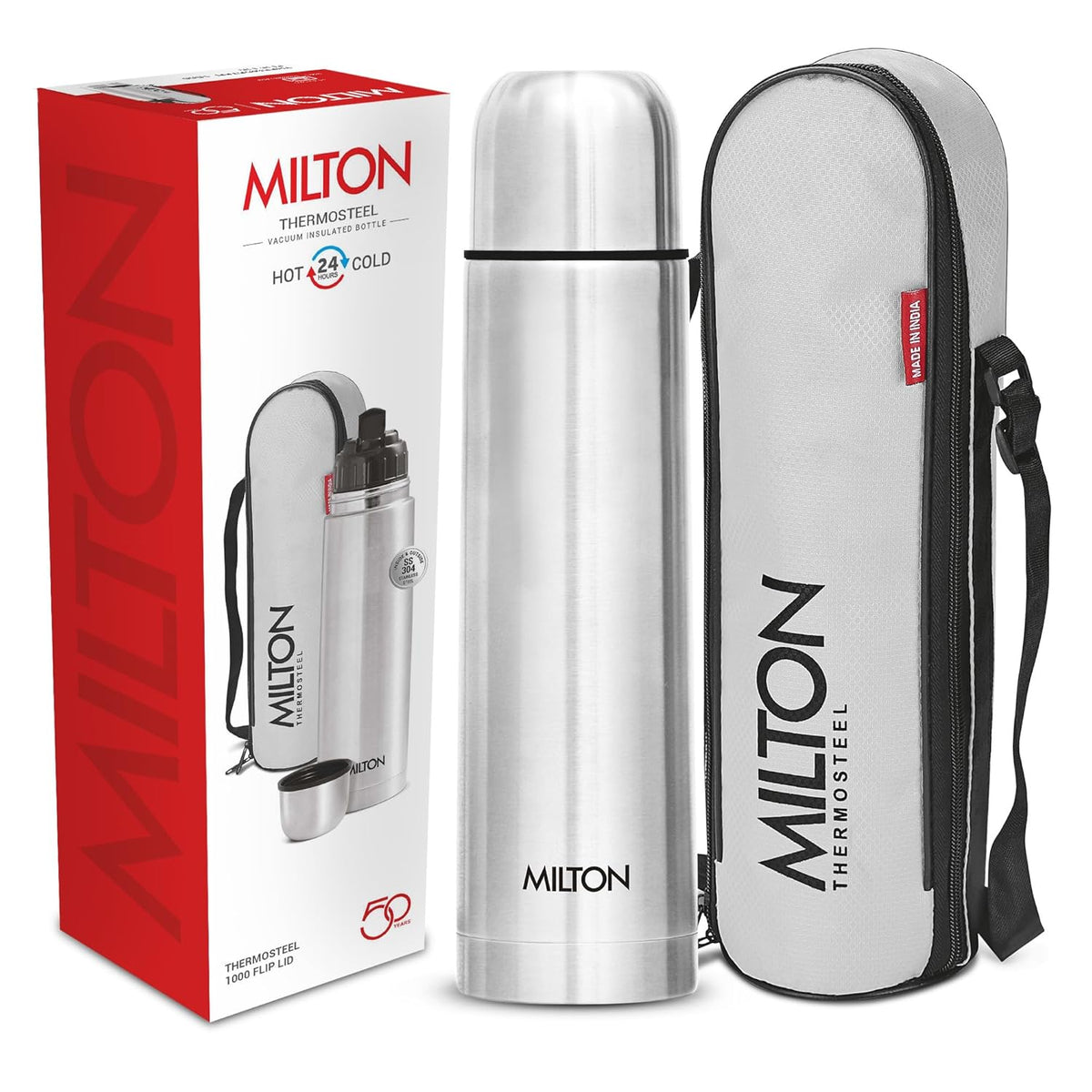 Milton Flip Lid Thermosteel | 1 Ltr | Leak Proof | Hot & Cold | Silver