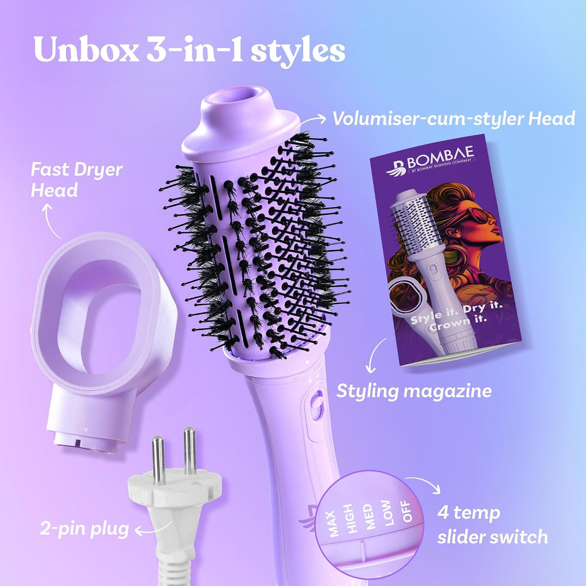 Bombae Hairess Ionic 3-In-1 Hot Air Brush Dryer, Curl, Volumizer & Straightener|Hair Dryer For Woman|Blow Dryer For Women|Hot Hair Brush|Hair Blow Dry Brush|Hair Styling Tools|1200W Power, Ceramic-Coated, 360° Airflow For Frizz-Free Styling