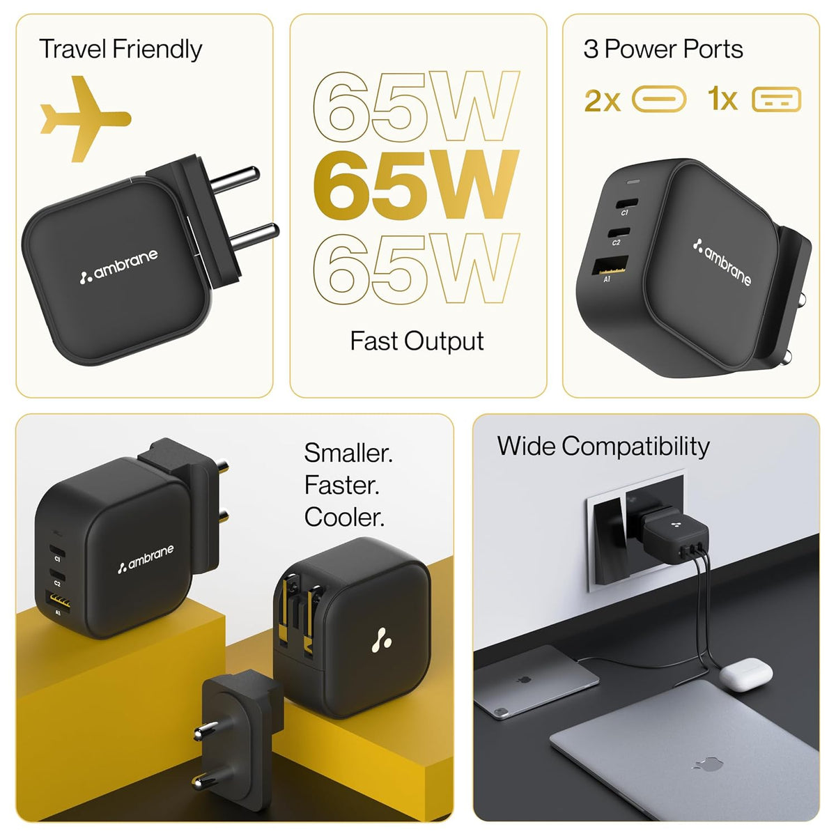 Ambrane 65W Charger Adapter, 3 Ports - 2 Type C & 1 USB for Samsung, Type C Laptops: MacBook, Dell, HP, ASUS, Fast Charger with PD Technology & GaN Technology for All Devices (RAAP G65, Black)