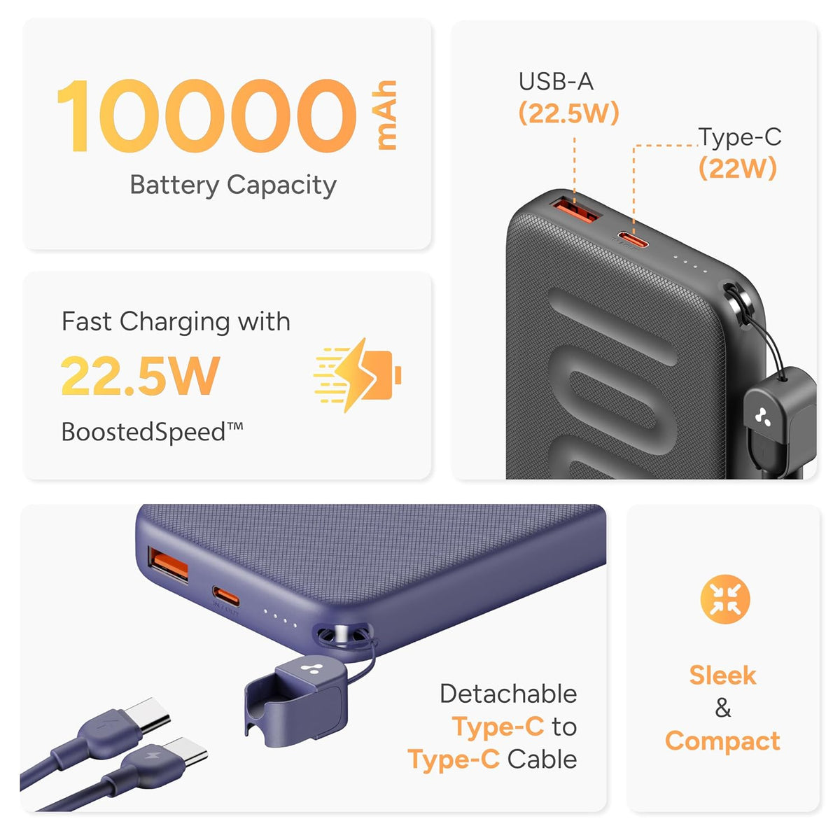Ambrane 10000mAh Slim & Compact Powerbank with in-Build Type C Cable, 22.5W Fast Charging, USB & Type C Output, Power Delivery, Quick Charge for iPhone, Android & Tablets, Earbuds, (Stylo N10,Purple) 22.5W_Purple