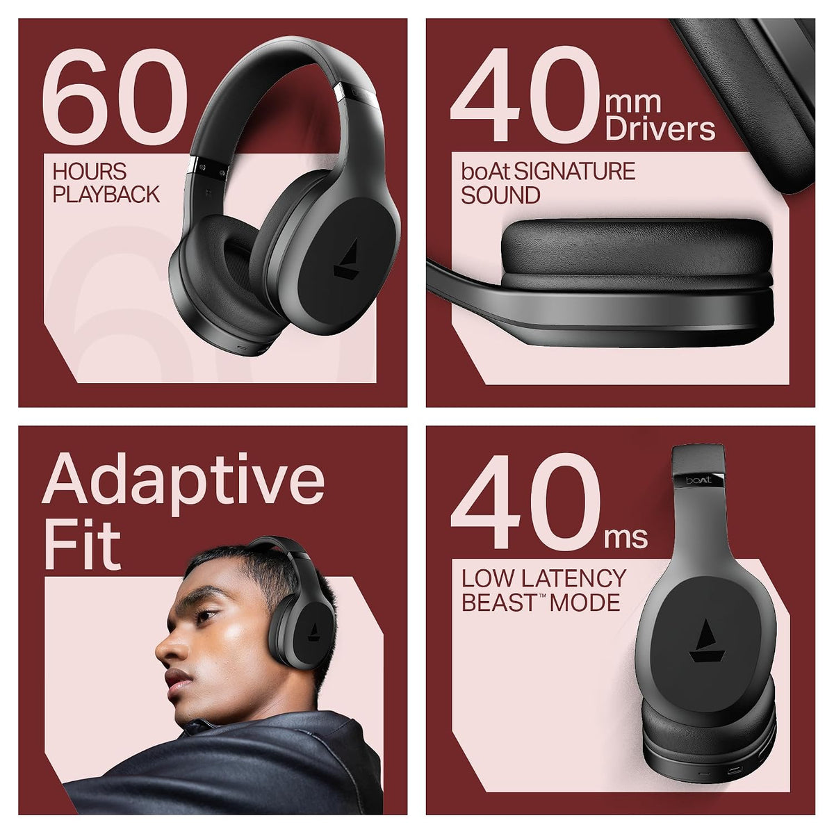 boAt Rockerz 412, 60H Battery, 40Mm Drivers, 40Ms Low Latency, ENx Tech, Stream Ad Free Music via App Support, Bluetooth Headphones, Wireless Over Ear Headphone with Mic (Active Black)