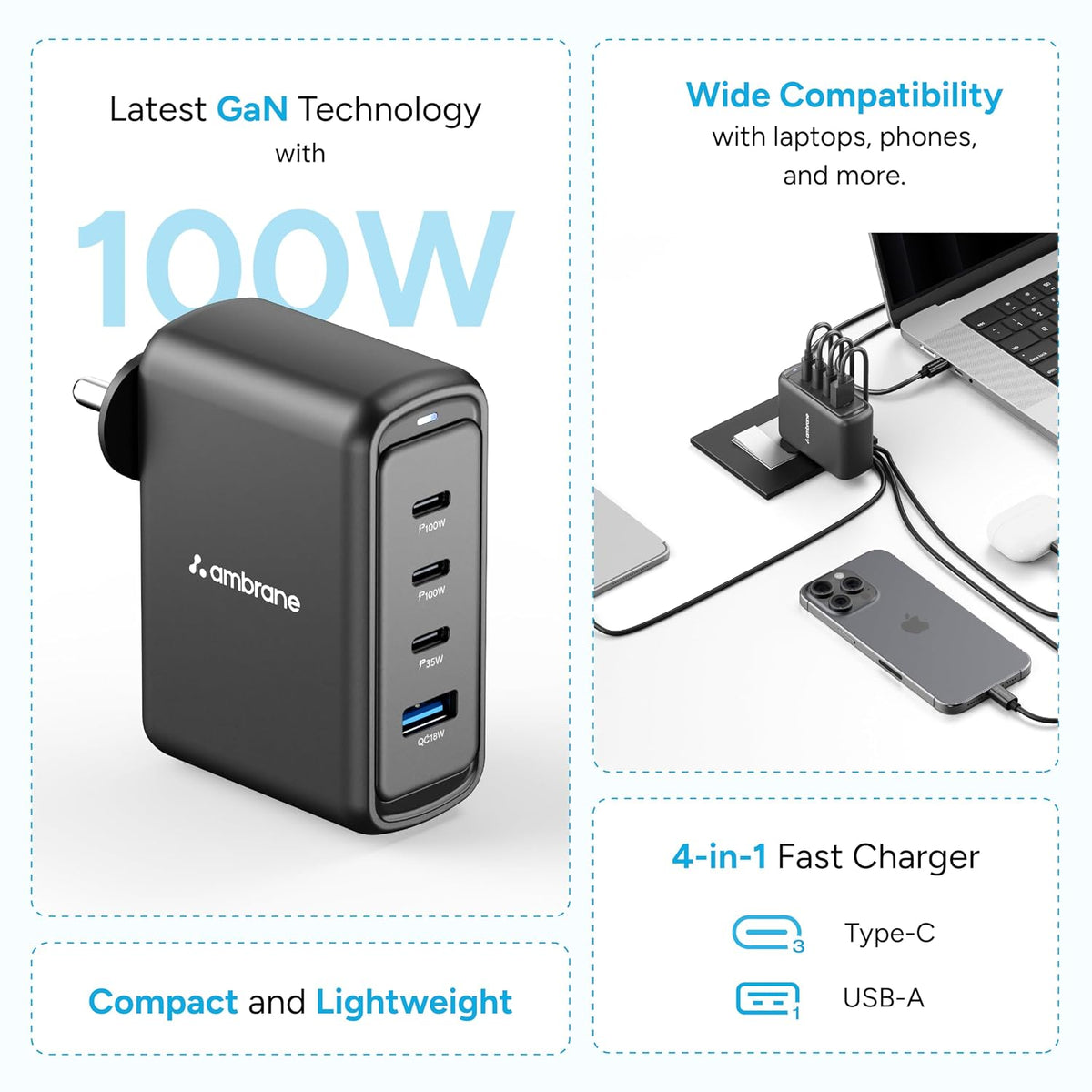 Ambrane 100W GaN Charger: Fast Charging Adapter with 4 Ports (3 USB-C + 1 USB-A), PD Support, iPhone 0–50% in Minutes, Compatible with All iPhones, Android Phones, Laptops & MacBooks (charge100 Black) charge 100