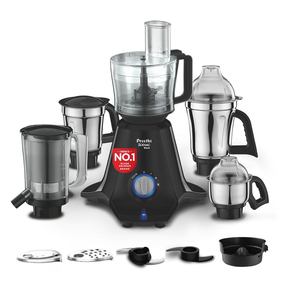 Preethi Zodiac Black Mixer Grinder, 5 Jars , Food Processor + 3 SS Jars + Juicer