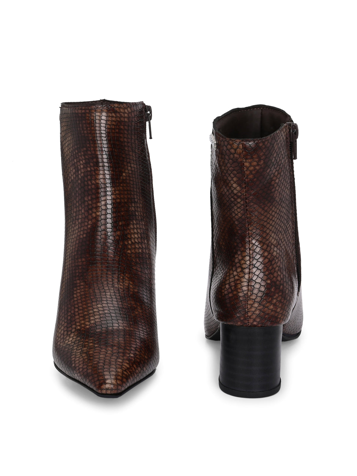 brown textured ankle boots with a sleek snakeskin pattern and a block heel design