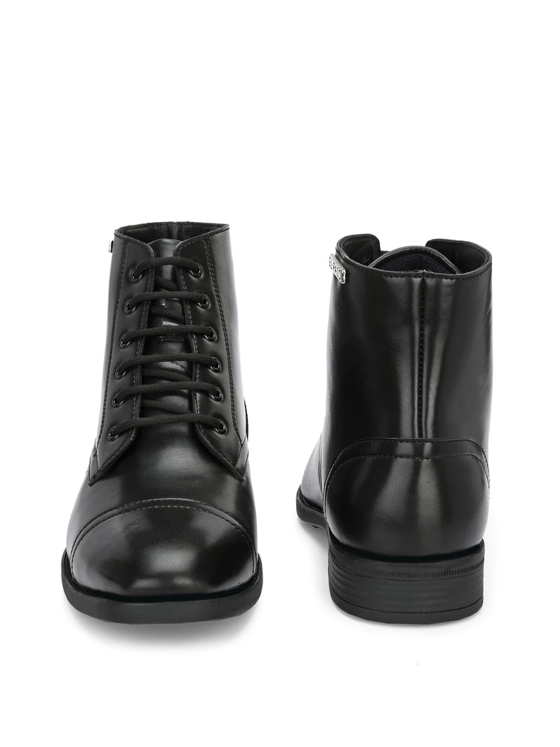 Black Lace-Up Block Heel Boots