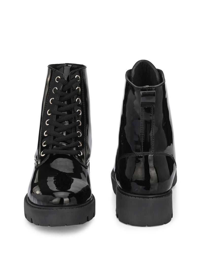 Shiny Black Lace-Up Block Heel Boots