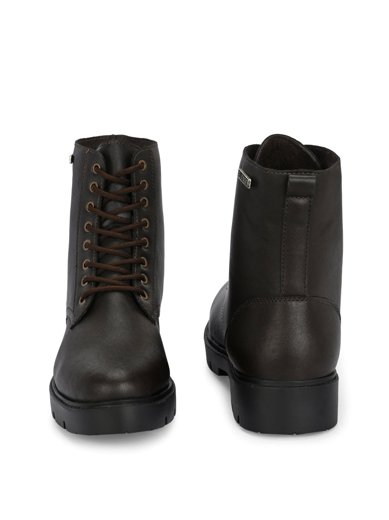 Brown Lace-Up Block Heel Boots