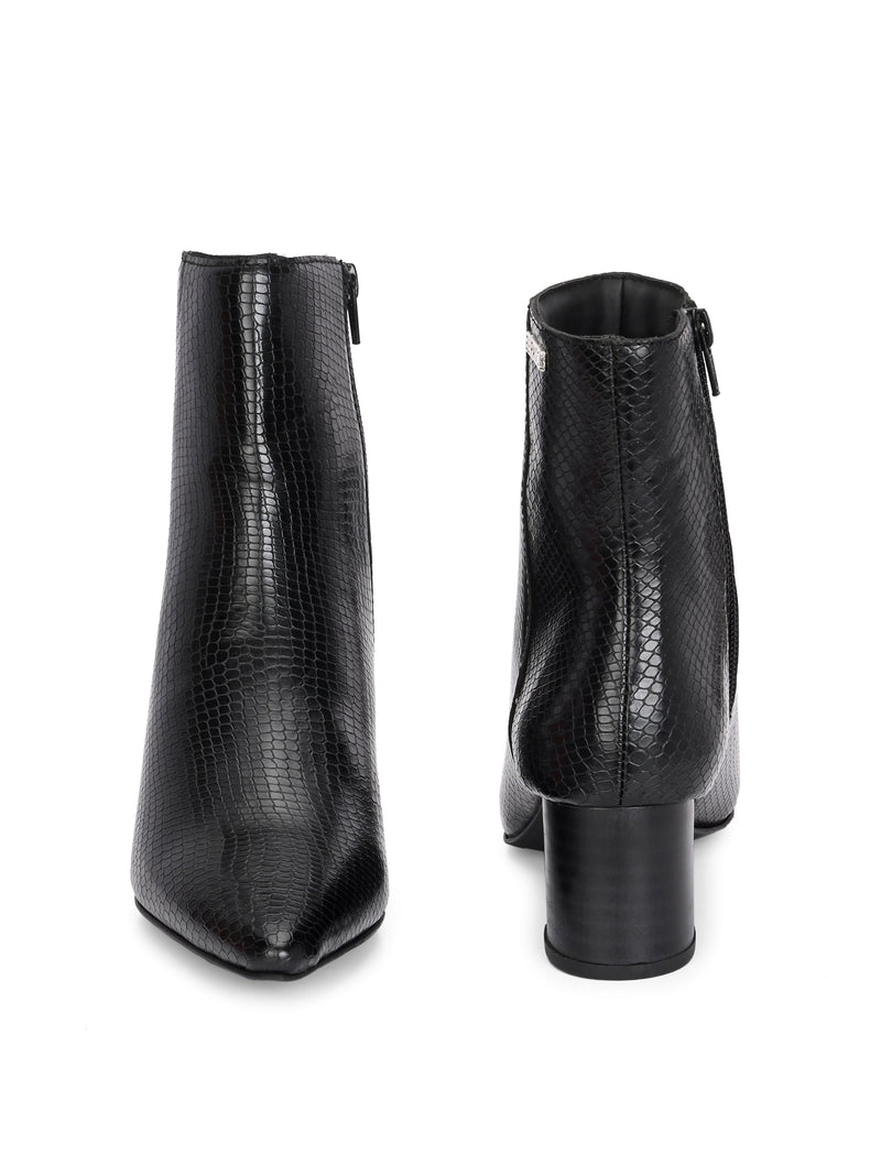 Black textured ankle boots with a sleek snakeskin pattern and a block heel design