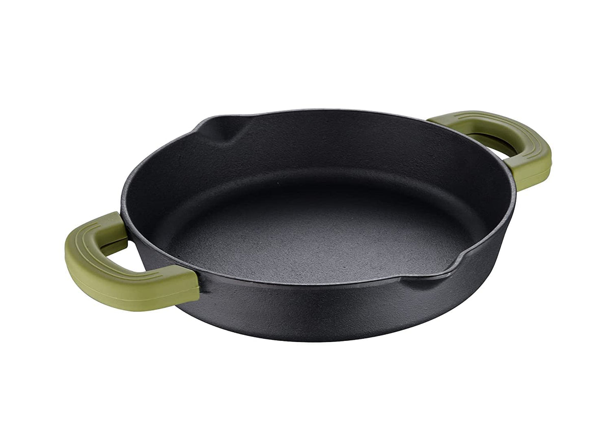 Bergner Elements Pre-Seasoned Cast Iron Shallow Kadai/ Baking Pan, 24cm, Induction & Gas Ready, with Attractive Stay Coo