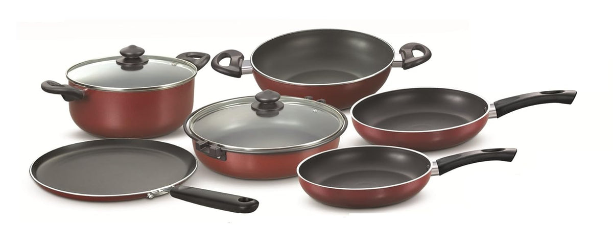 Prestige Omega Deluxe Gas Induction Base Non-Stick Kitchen Set, 6-Pieces, Red