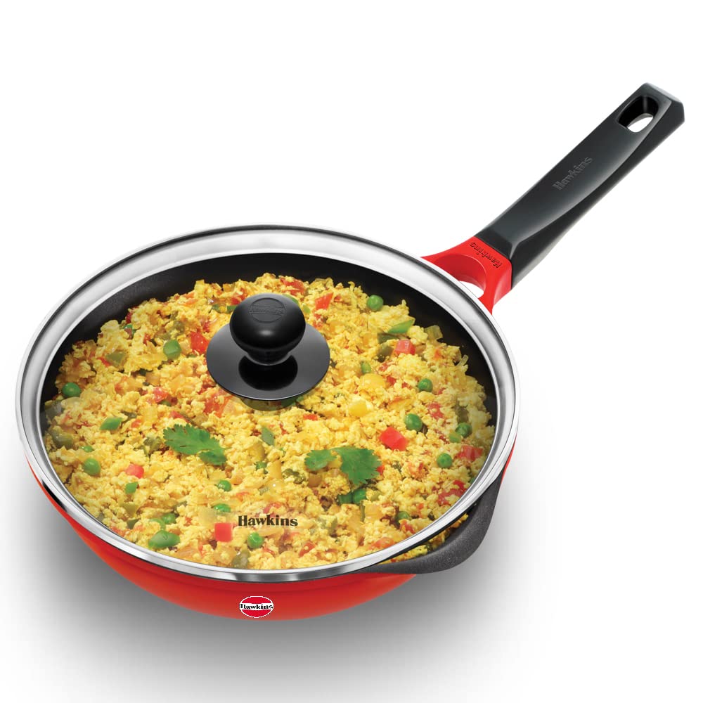 Hawkins Frying Pan, Die Cast Non Stick Fry Pan with Glass Lid, Ceramic Coated Pan, Induction Frying Pan, Red