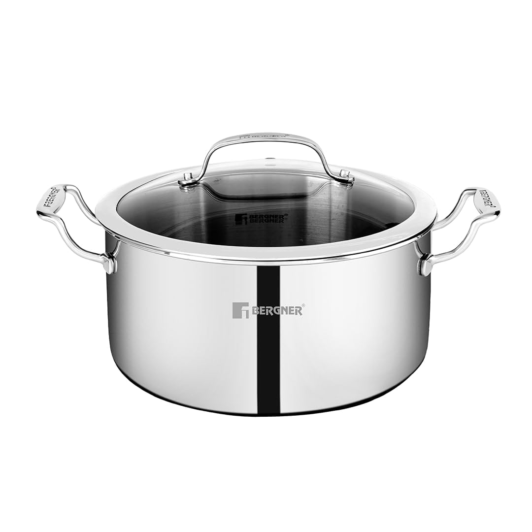 Bergner Hitech Triply Stainless Steel Cooking Casserole/Biryani Pot/Handi with Steel and Glass Lid, Non Stick Prism Tech
