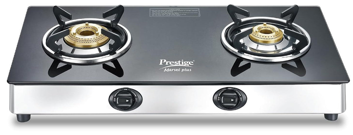 Prestige Marvel Plus Stainless Steel 2 Brass Burner Manual Glass Top Gas Stove, GTM 02 SS (Black)