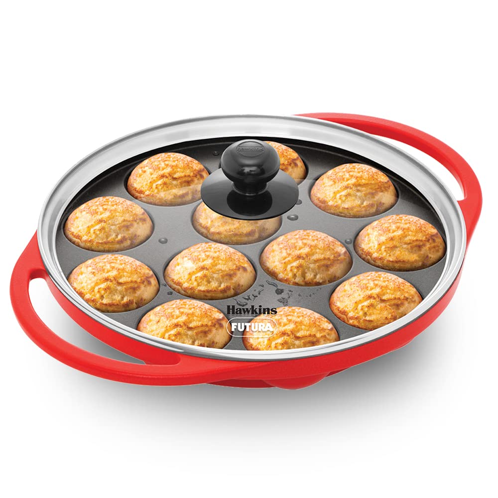 Hawkins 26 cm Appe Pan, Non Stick Paniyaram Pan with Glass Lid, 12 Cups Paniyarakkal Ceramic Pan, Litti Pan, Kuzhi Paniy