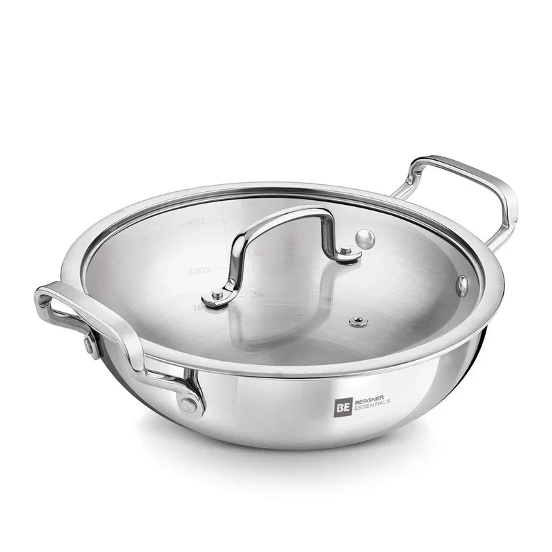 Bergner Essential Triply Stainless Steel Kadai with Glass Lid | Easy to Clean | Everyday Kitchen Use