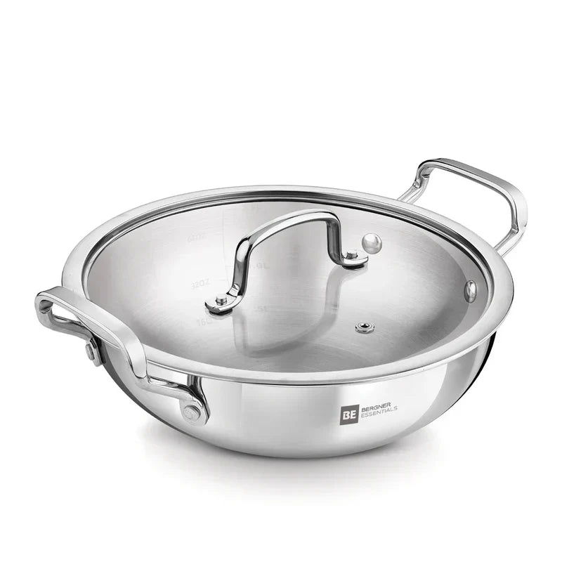 Bergner Essential Triply Stainless Steel Kadai with Glass Lid | Easy to Clean | Everyday Kitchen Use